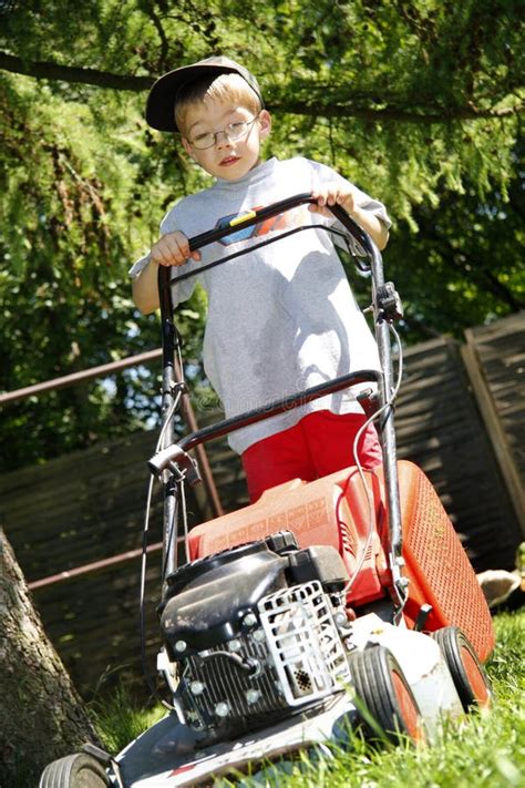 Young Boy Mowing Lawn Stock Photo Image Of Lawn Landscaping 71912838