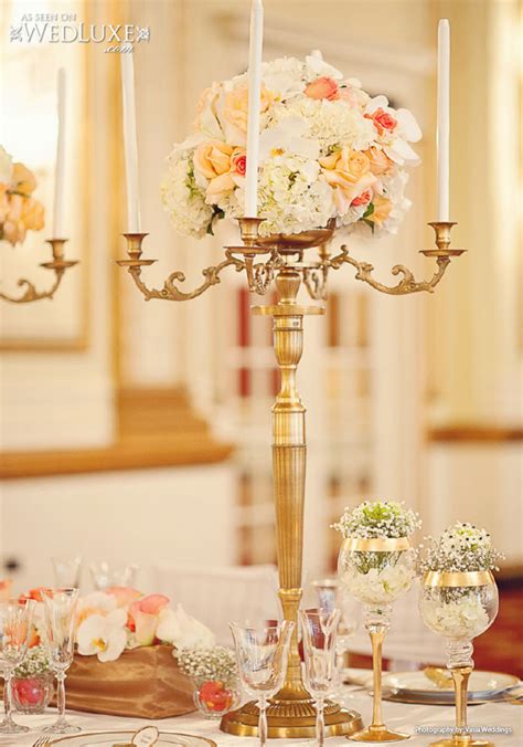Chic Wedding Gold Candlebra Centerpiece With White Flowers