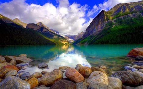 Lake Louise Hamlet In Alberta Canada Mountains Forest Trees Turquoise