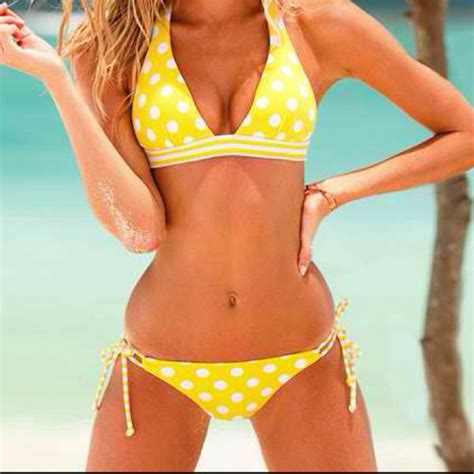 Yellow Polka Dot Bikini Bandeau Swimwear Bikinis Yellow Polka Dot