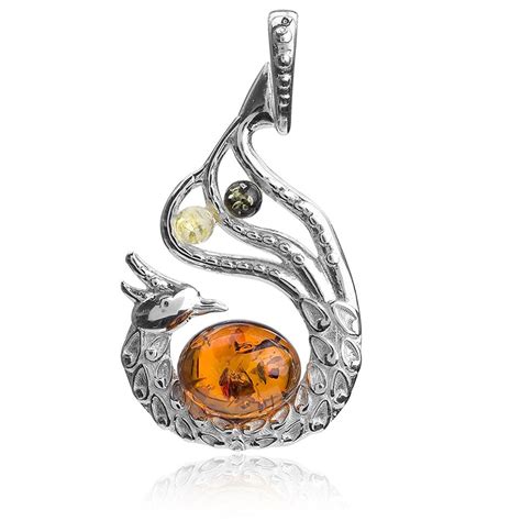 Amber Sterling Silver Peacock Pendant Undefined Peacock Pendant
