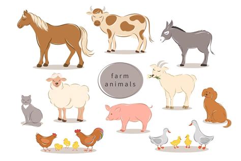 Farm Animals Set On White Background Cartoon Animals Collection Horse