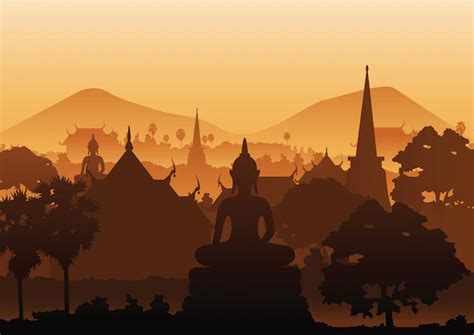 Premium Vector Sunset Landscape And Buddha Thai Temple And Rowing Boat