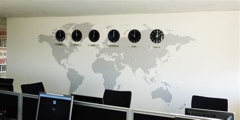World Map Office Wall Mural Installed With Clocks And Acrylic Plaques