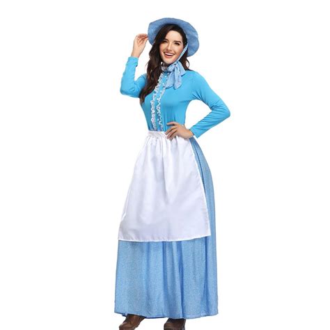 Miss Pioneer Costume Blue Dress With Apron Colonial Prairie Maid Fancy