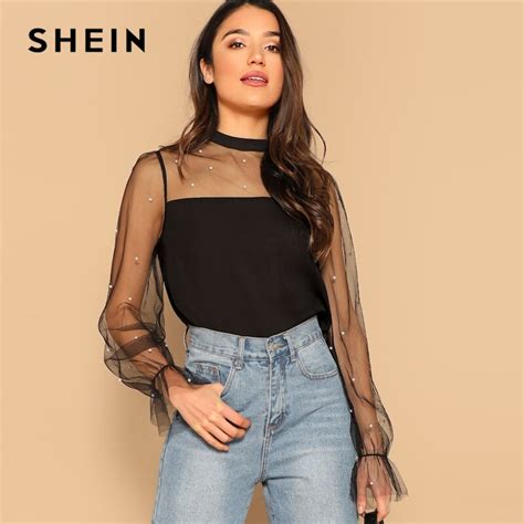 Buy Shein Black Pearl Beaded Contrast Mesh Yoke Blouse