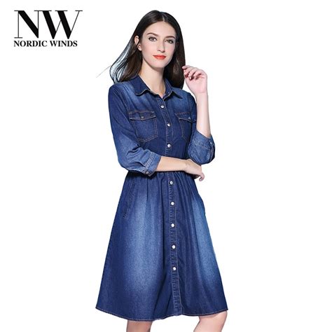 Nordic Winds Denim Dress Women Casual Fall A Line Denim Dresses Knee Length Australia Blue Jeans