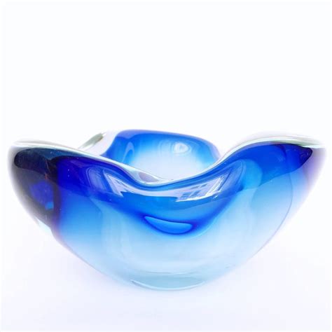 Midcentury Cobalt Blue Biomorphic Blown Murano Art Glass Bowl 1950s