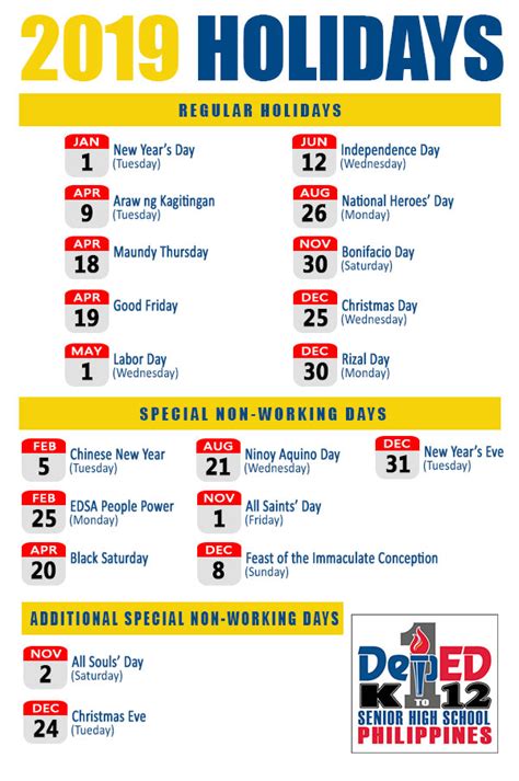 Now that you've taken a look at the generous public holidays in malaysia for 2019, do plan ahead and use your annual leave wisely. 2019 Philippine National Holidays - Senior High School ...
