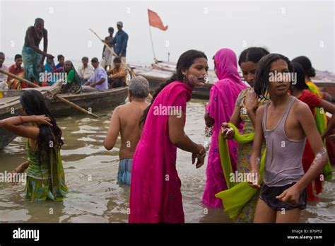 Bathing In Holy Ganges River Varanasi India Stock Photo Alamy
