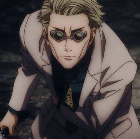 An Anime Character With Glasses And A Suit On Leaning Over His