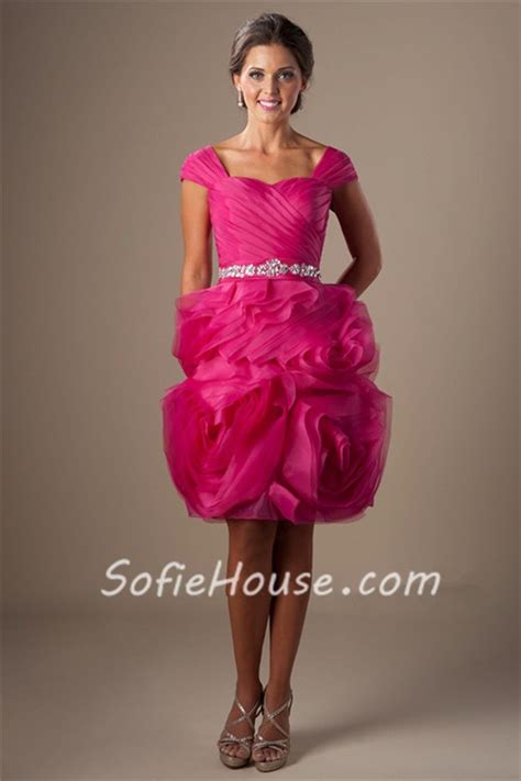 Unique Sweetheart Cap Sleeve Hot Pink Organza Floral Ruffle Short Prom