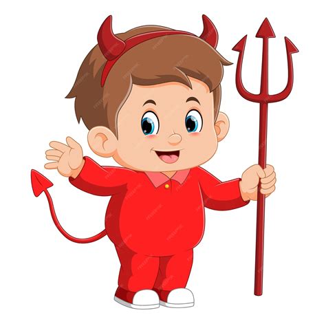 Premium Vector Cartoon Little Boy In Costume Devil Holding A Lucifer