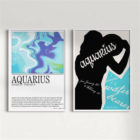 2 Aquarius Retro Mcm Digital Posters Set Download Trendy Groovy Zodiac