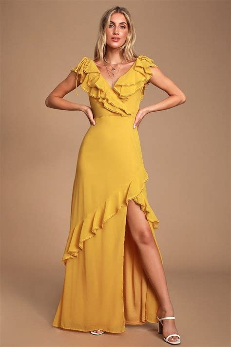 love from above mustard yellow ruffled surplice maxi dress yellow maxi dress mustard yellow