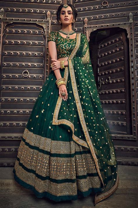 Buy Bottle Green Net Lehenga Choli With Floral Embroidery Online Like