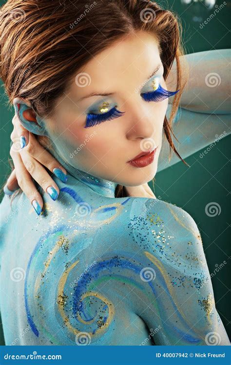 Model In Aqua Bodypainting Stock Photo Image Of Color