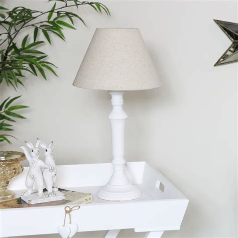 white wooden bedside table lamp beige linen shade vintage shabby chic
