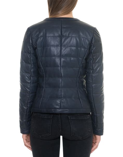 Genuine Dark Blue Quilted Leather Puffer Jacket For Women