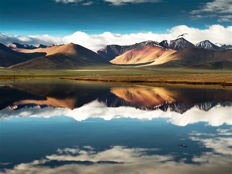Wallpaper China Tibet Mountain Lake Water Reflection Sky Clouds