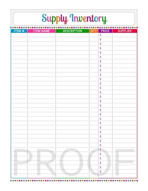 Supply Inventory 1 Page Instant Download Pdf Printable Etsy Work