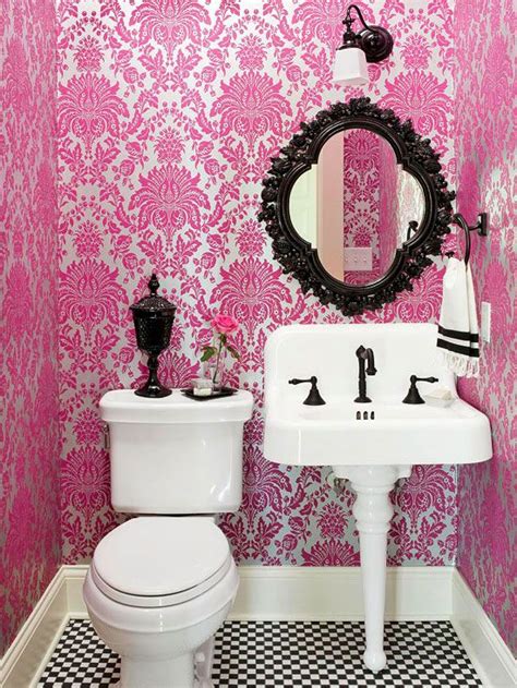 Dramatic Pink Wallpaper Bathroom Wallpaper Bathroom Decor Damask