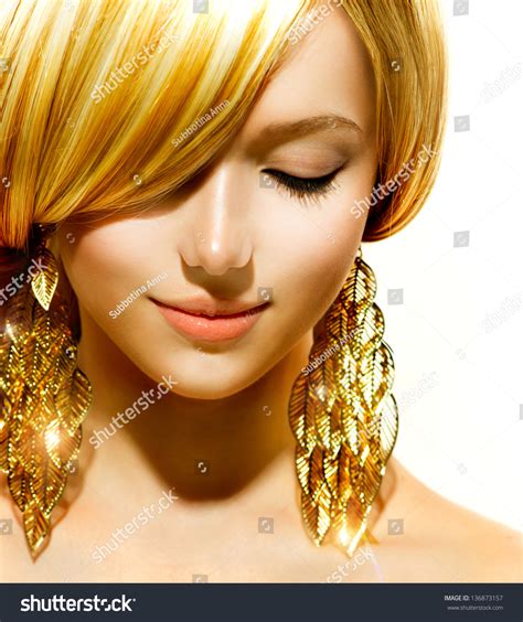 Beauty Blonde Fashion Model Girl With Golden Earrings Beautiful Blond Hair Skincare Concept