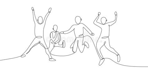 Continuous One Line Drawing Of Four Jumping Happy Team Members