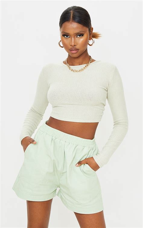 Sage Green Brushed Rib High Neck Backless Tie Crop Top
