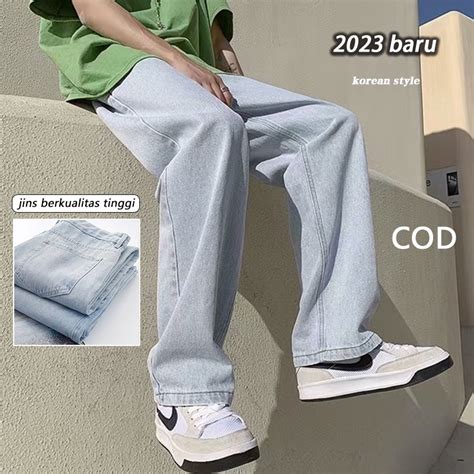 Jual Korean Style Jeans Biru Celana Panjang Pria Kulot Jeans Loose Pants Babefriend Jeans