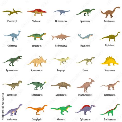 Fototapeta Zestaw Ikon Nazw Podpisanych Typów Dinozaurów Płaskie