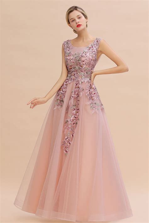 Bmbridal Gorgeous Dusty Pink Tulle Prom Dress Long With Lace Appliques