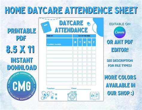 In Home Daycare Attendance Sheet For Childcare Providers Etsy