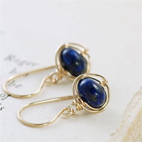 Navy Blue Lapis Lazuli Earrings 14k Gold Fill Dangle Etsy