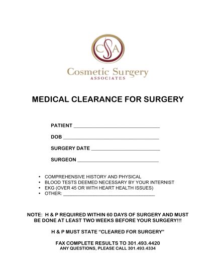 19 General Medical Clearance Forms For Surgery Free To Edit Download