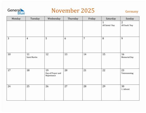 Free November 2025 Germany Calendar