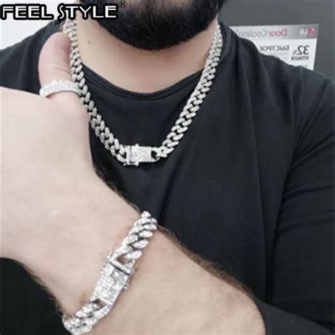 Iced Out Paved Rhinestones Set MM MM Full Miami Curb Cuban Chain CZ
