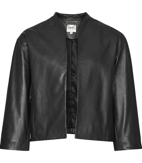 Nela Black Collarless Leather Jacket Collarless Leather Jacket