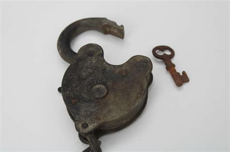 Antique Iron Padlock W Chain Brass Cover Keyhole Working Lock W Key F B And Co 1800s Vintage