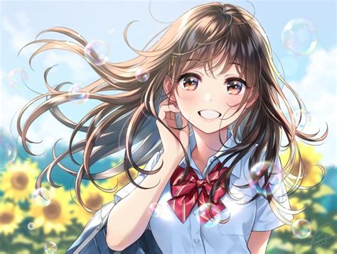 Download 1920x1080 Anime School Girl Smiling Sunflowers