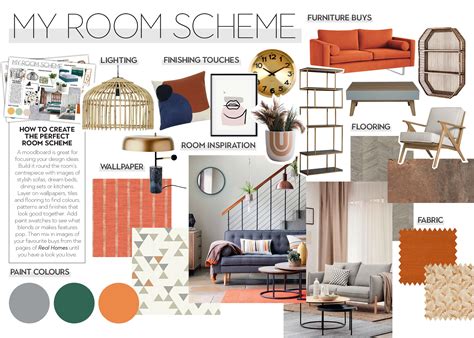 Interior Design Mood Board With Orange And Grey Accents