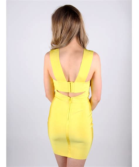 Wow Couture Plunging Yellow Bandage Bodycon Dress Alila