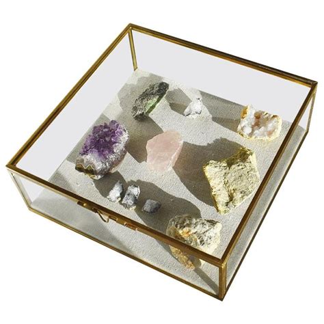 Glass And Brass Shadow Box With Linen Backing And Gemstone Quartz Rocks Glass Shadow Box