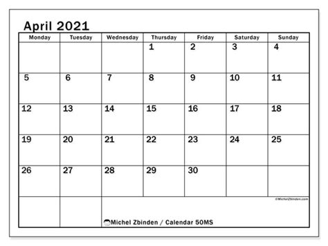 Printable April 2021 “50ms” Calendar Michel Zbinden En