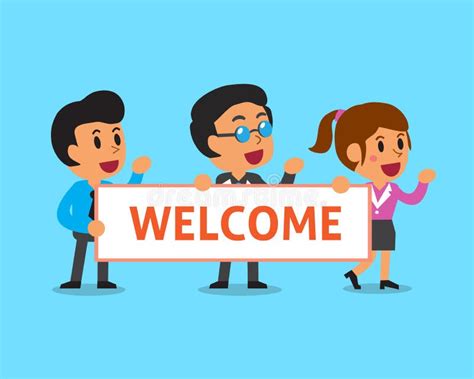 Cartoon Business Team Holding Welcome Sign Stock Vector Illustration