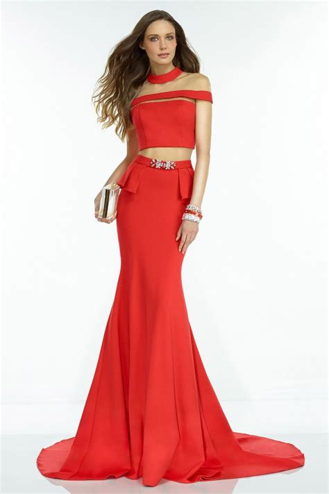 Crop Top Two Piece Red Keyhole Satin Trumpet Mermaid Prom Dress Cac0104