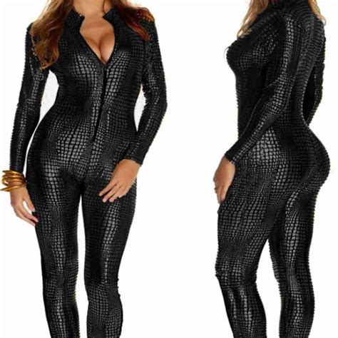 Women Nightclubs Black Leather Sexy Body Suits For Pole Dancing Clothes Leotard Snakeskin