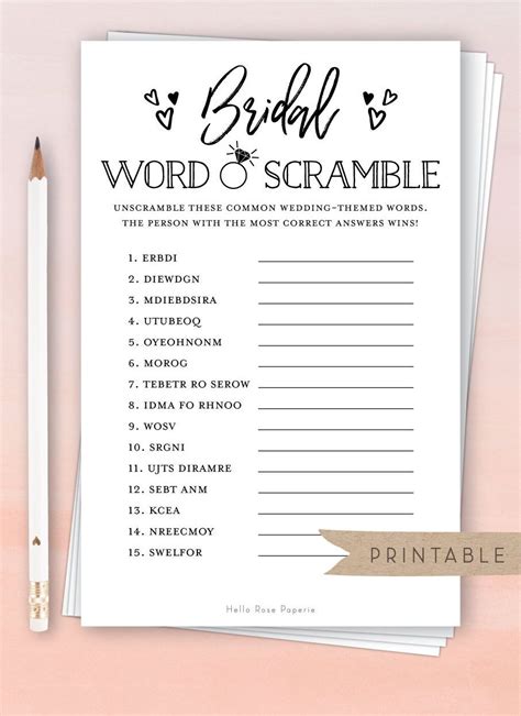 Bridal Shower Word Scramble Game Printable Wedding Bridal Etsy