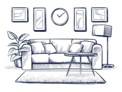 Эскиз интерьера Doodle гостиная с диваном подушками и рамы на стене