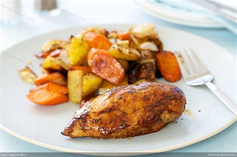 The garlic tops serve as a rack for the chicken. Balsamic Roasted Chicken Breast with Carrots and Potatoes ...